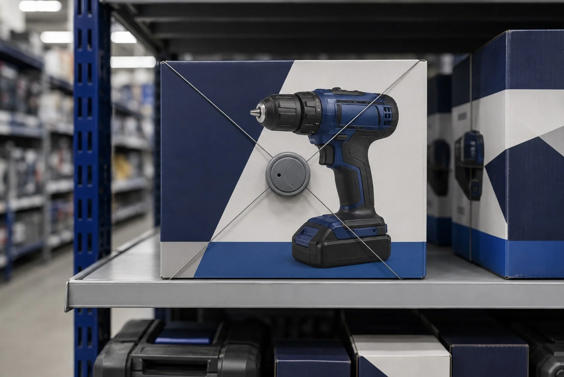 Power drill in hardware store with spider wrap security tag on it