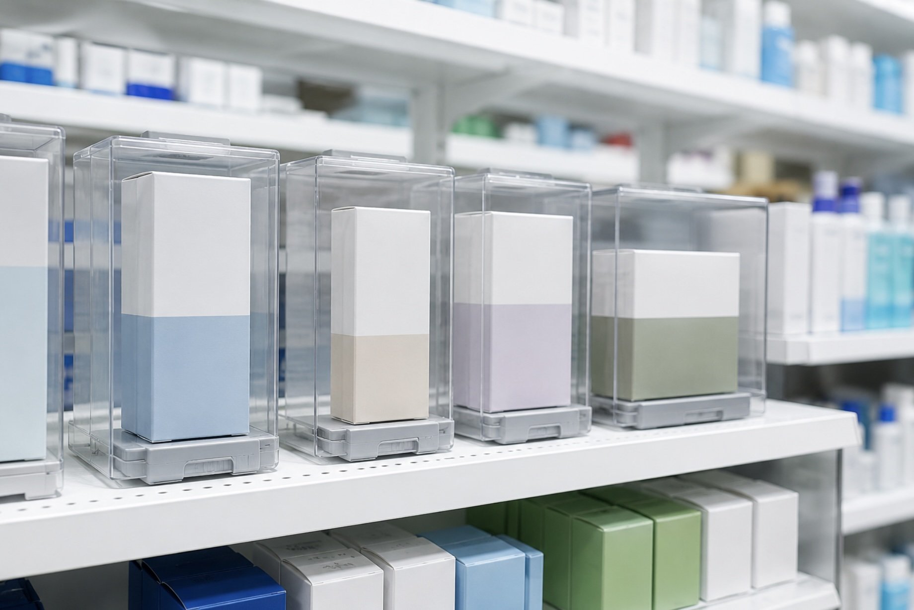 items in locked keepers in a pharmacy