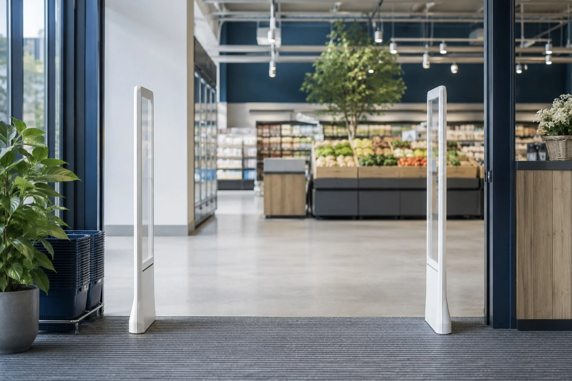 EAS Security tag detection pedestals at door to grocery store