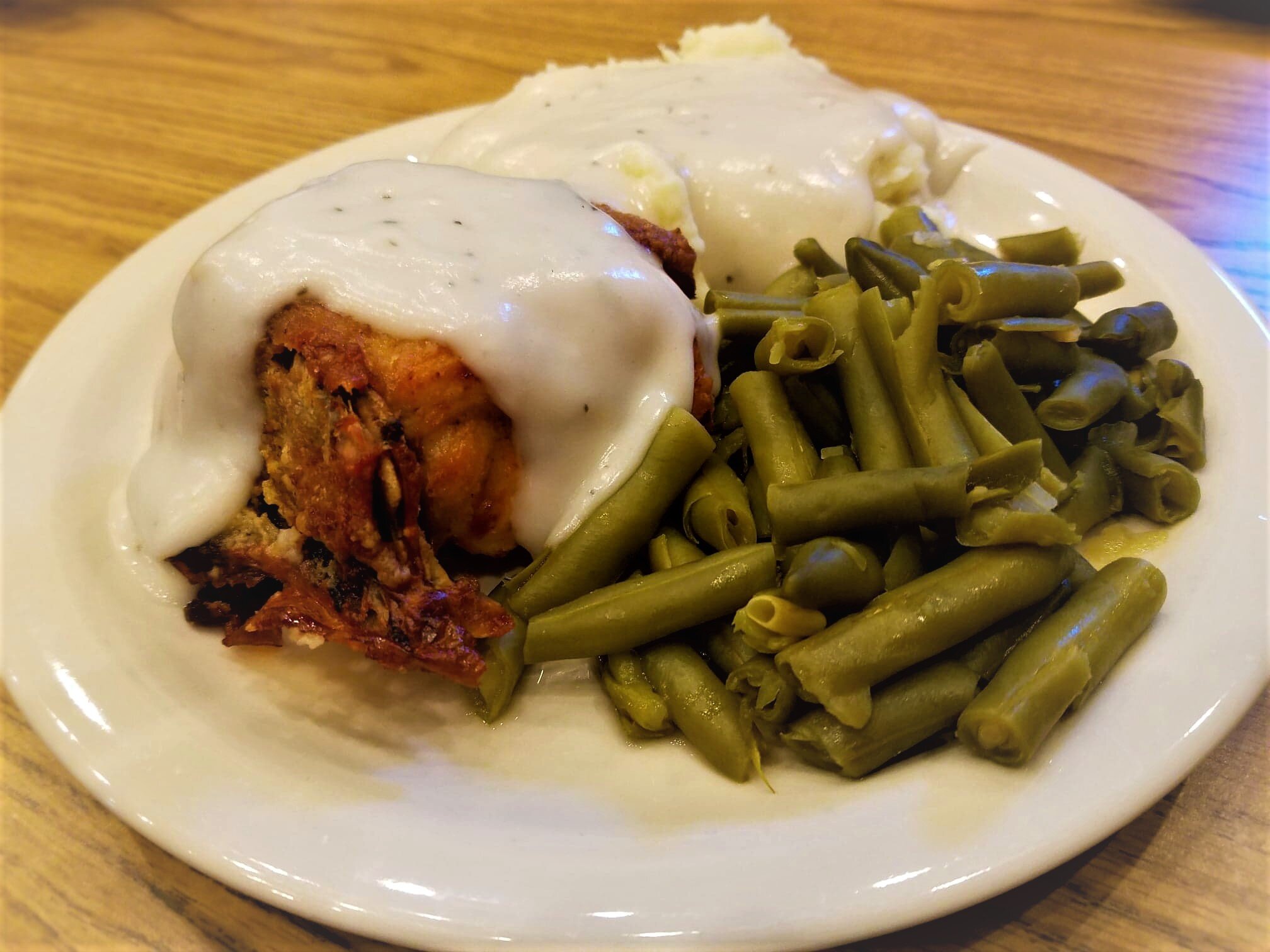 Oven Fried Chicken and Mashed Potatoes in Gravy with Green Beans