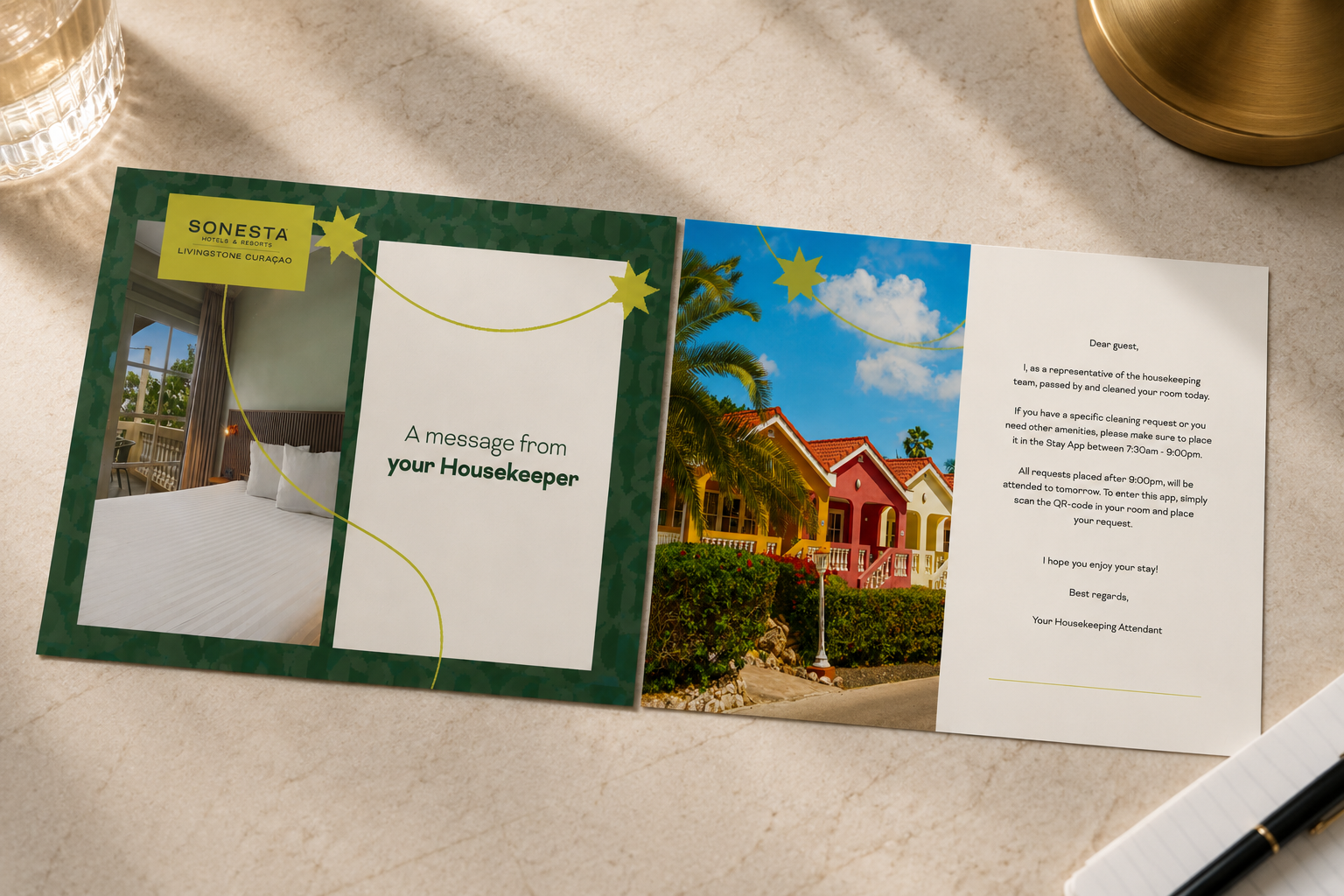 In-room housekeeping communication card at Sonesta Livingstone Curaçao.