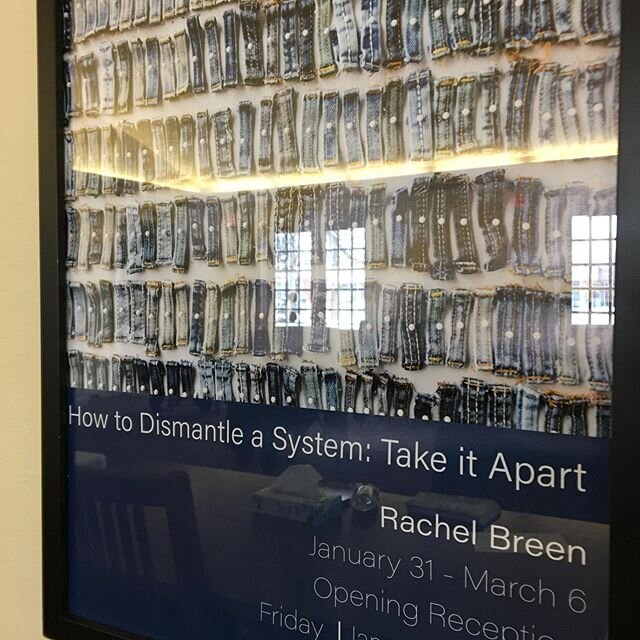 Install going strong! Nothing like having a 45&rsquo; swath of blue on a wall to fill up! &ldquo;How to Dismantle a System: Take it Apart&rdquo; opens at Coe College on January 31st! #garmentsolidarity #whomademyjeans #fashionrevolution #whomademyclo