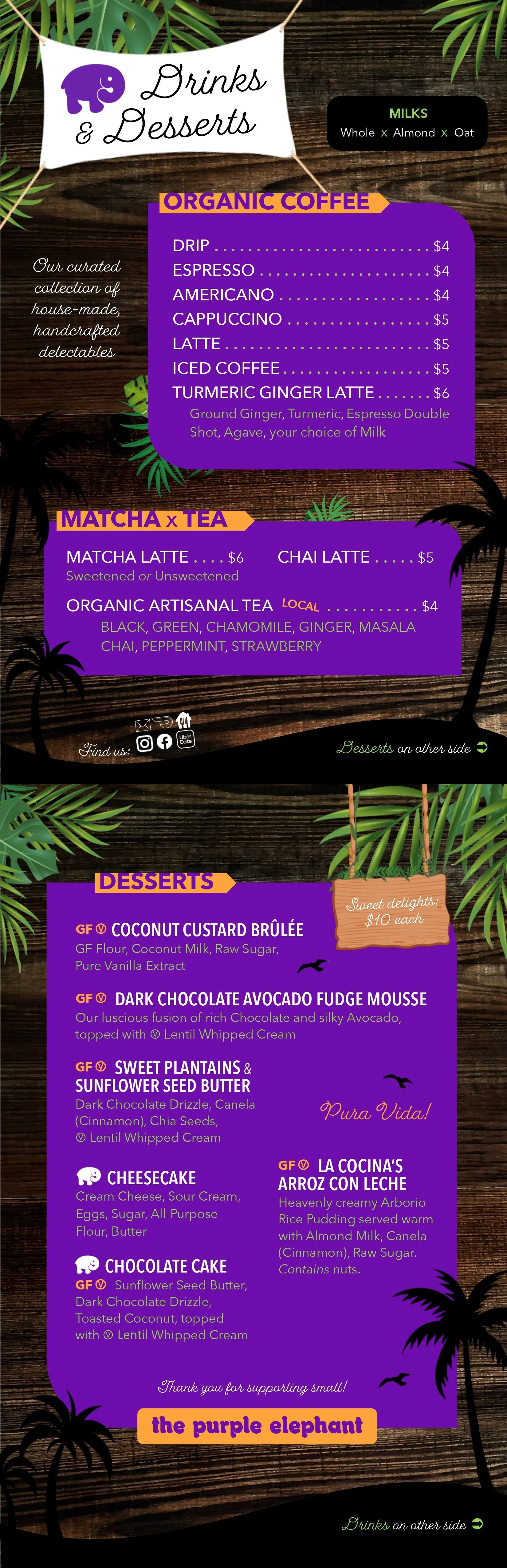 Dessert Menu of The Purple Elephant restaurant in Northport, Long Island New York