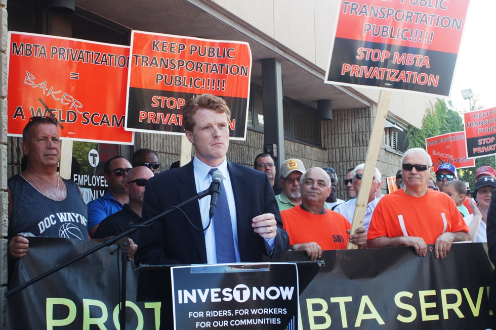  Congressman Joe Kennedy III speaks at a MBTA union rally to kick off campaign against the agency's growing privatization. Photo by Natasha Ishak. 