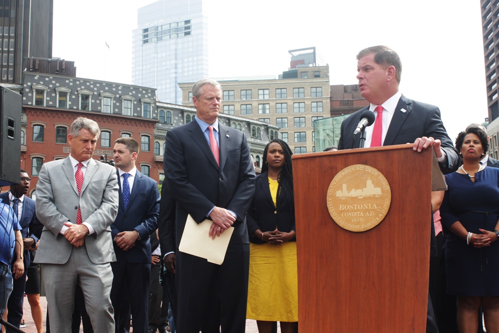  Boston Mayor Marty Walsh, planked by Gov. Charlie Baker and city officials, condemns the Nazi rally in Charlottesville, VA. Photo by Natasha Ishak. 