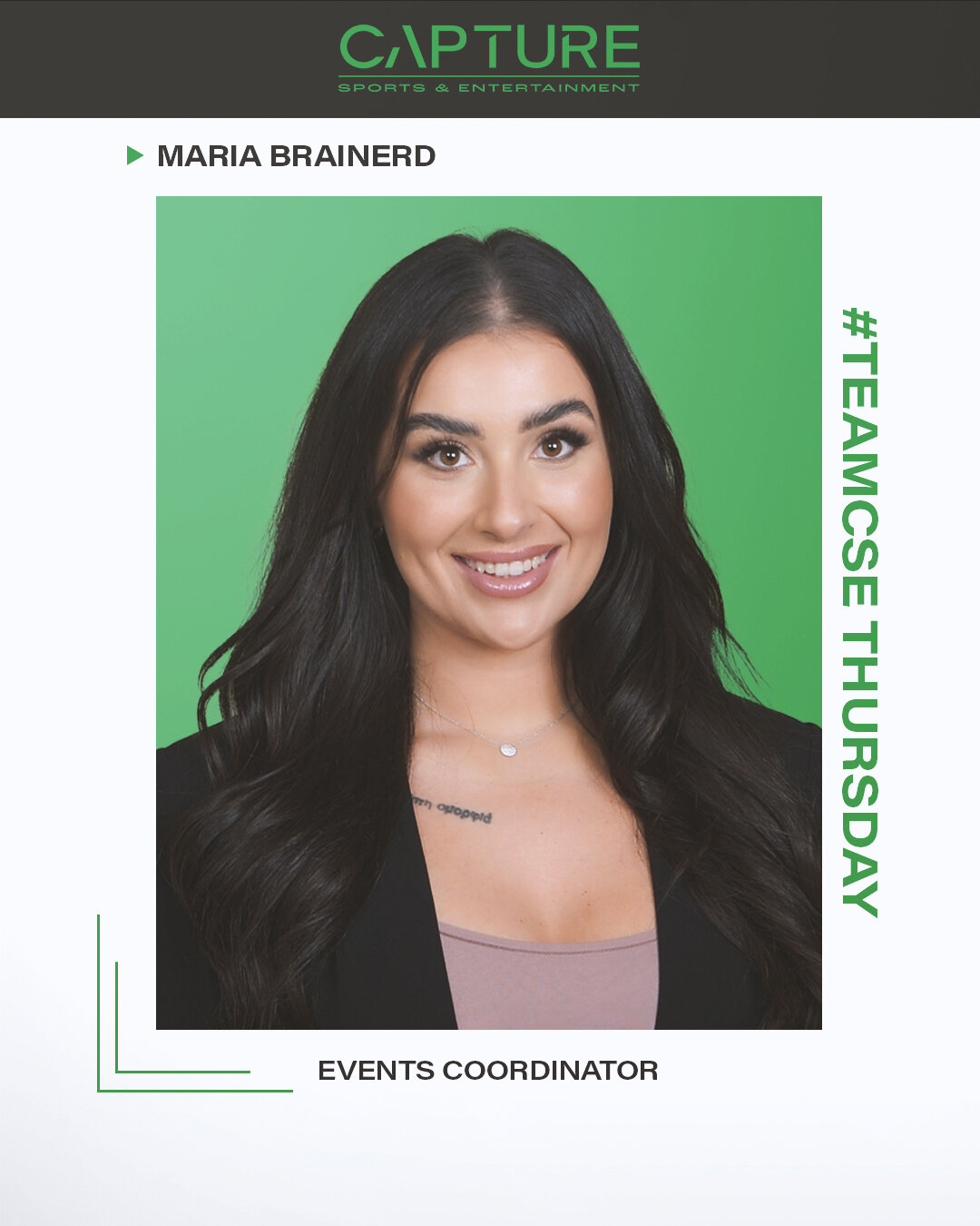 Meet Maria, an Events Coordinator at Capture! As a lifelong athlete, she is very passionate about helping athletes make a positive impact on the communities they serve by making their events come to life. 💚

When Maria isn't working, she finds a way