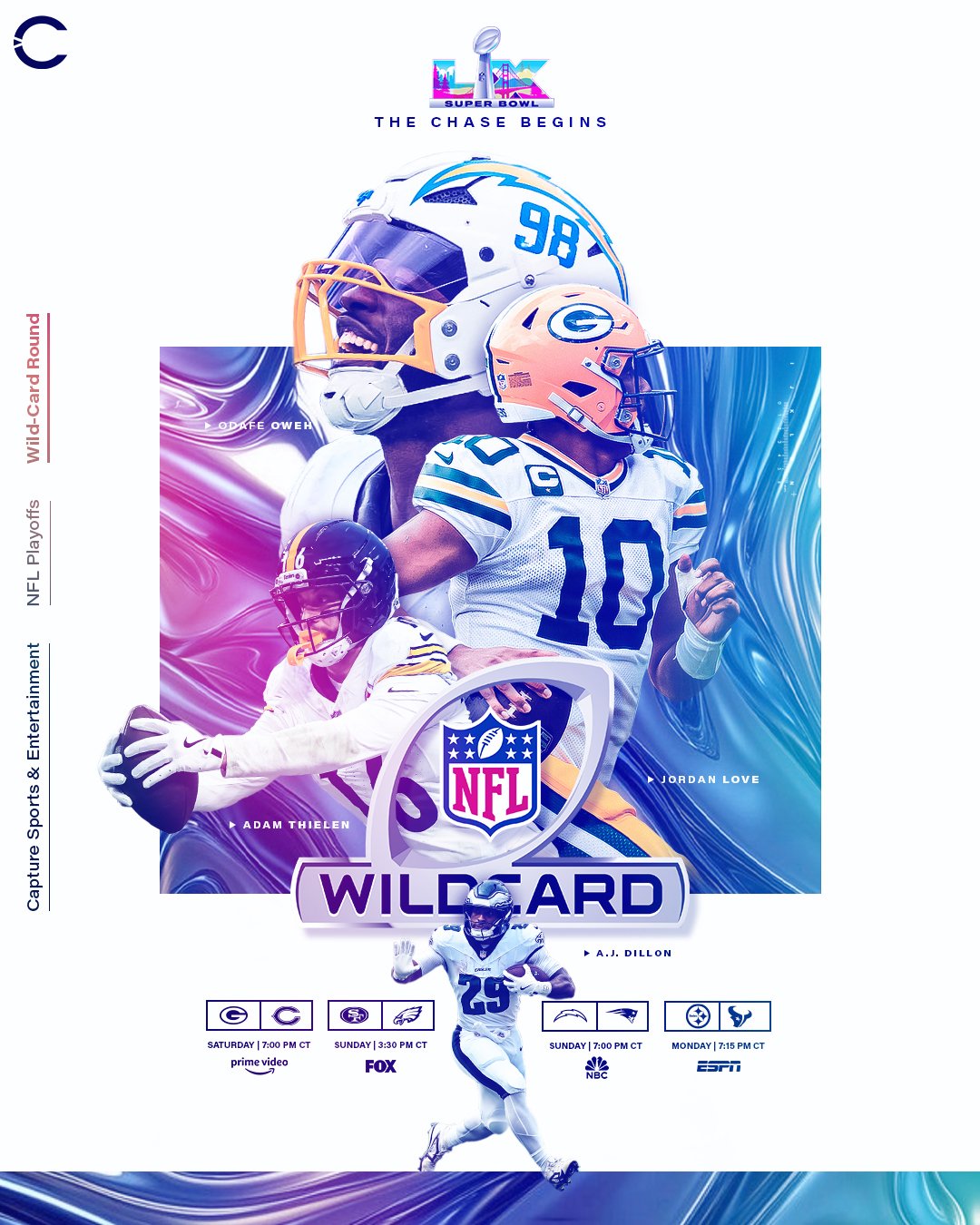 The #NFLPlayoffs are here 👀🔥

Best of luck to our #TeamCSE clients as they take on the postseason!

Odafe Oweh | @chargers 
Jordan Love | @packers 
Adam Thielen | @steelers
AJ Dillon | @philadelphiaeagles