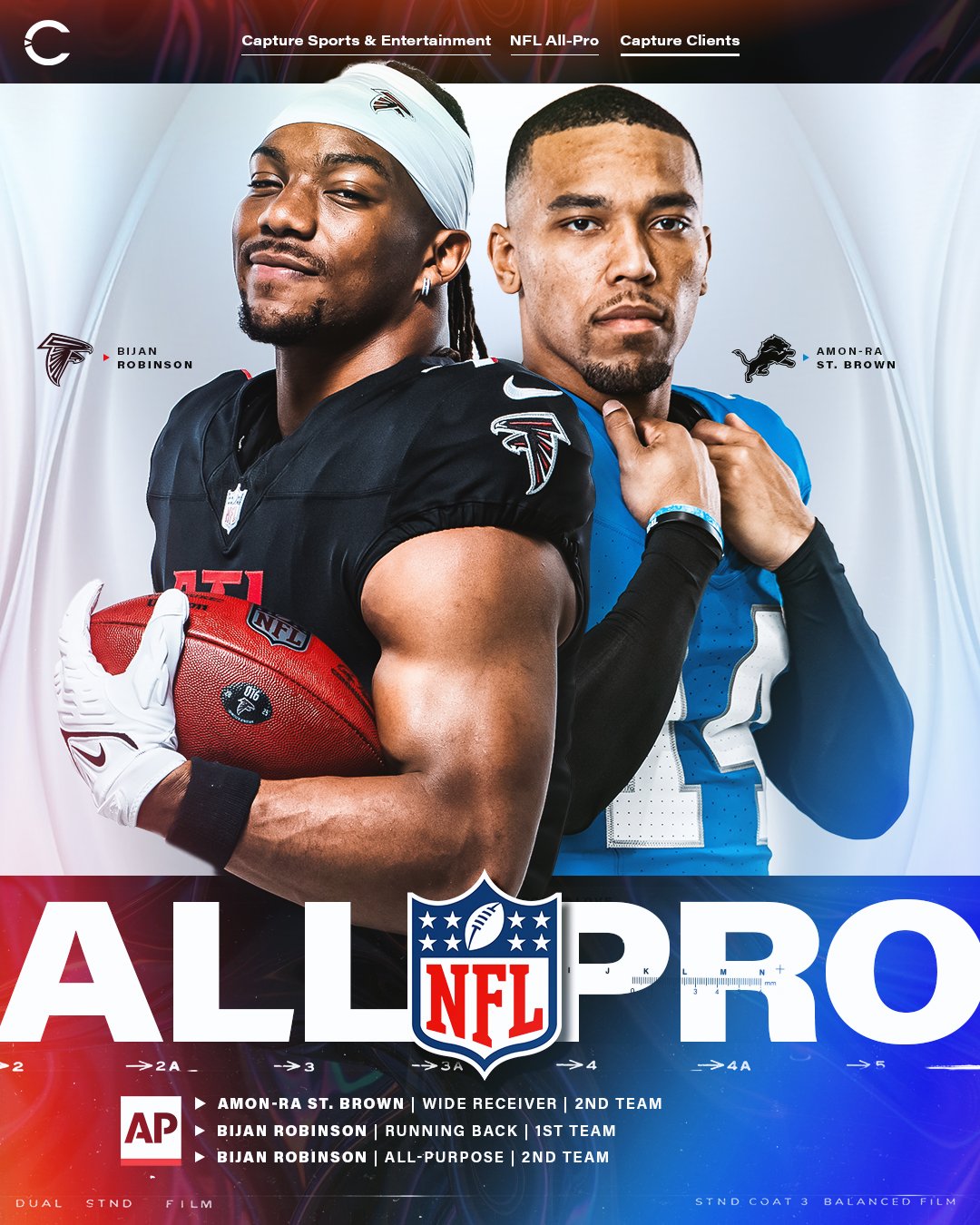 Congrats to our #TeamCSE clients who made AP's All-Pro teams! 💚

⭐️ Bijan Robinson: 1st Team Running Back &amp; 2nd Team All-Purpose 
⭐️ Amon-Ra St. Brown: 2nd Team Wide Receiver 

#AthletesDoingGood #NFL