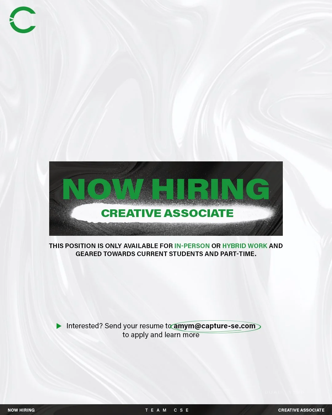 Capture Sports &amp; Entertainment is hiring!

We are seeking a dedicated Creative Associate to power our next stage of growth. #TeamCSE

📍 Located in Waukesha, WI (Milwaukee area)
💻 In-person or hybrid work environment
📚 Primarily geared toward c