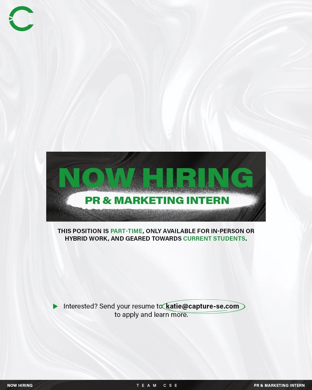 Capture Sports &amp; Entertainment is hiring!

We are seeking a dedicated PR &amp; Marketing Intern to power our next stage of growth. #TeamCSE

📍 Located in Waukesha, WI (Milwaukee area)
💻 In-person or hybrid work environment
📚 Geared towards cur