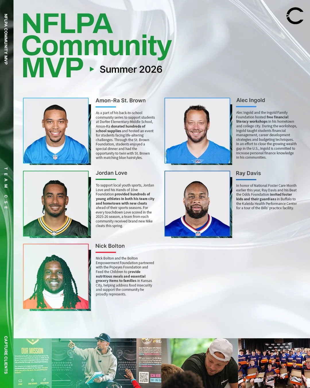 MVPs on and off the field 🏈🏆

Congrats to the #TeamCSE family members named @nflpa Community MVPs this summer for pouring back into their communities:

🎒 @amonra_stbrown - school supplies &amp; dinner for Detroit students
💰 @ai_xlv - free financi