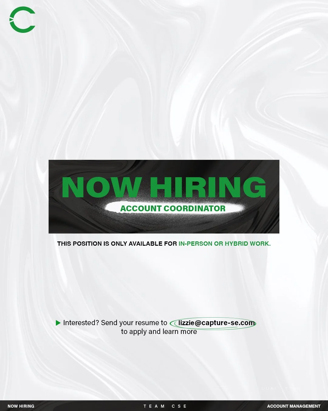 Capture Sports &amp; Entertainment is hiring!

We are seeking a dedicated Account Coordinator to power our next stage of growth. #TeamCSE

📍 Located in Waukesha, WI (Milwaukee area)
💻 In-person or hybrid work environment

Interested candidates can 