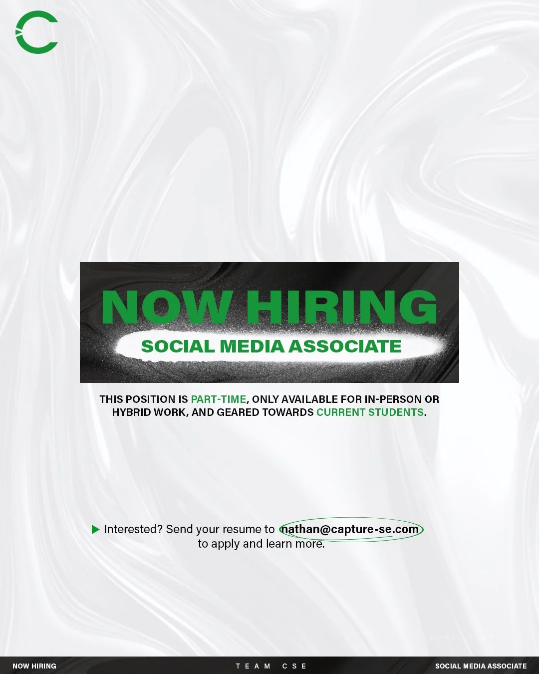 #TeamCSE is hiring!

We are seeking a dedicated Social Media Associate (Part-Time) to power our next stage of growth.

📍 Located in Waukesha, WI (Milwaukee area)
💻 In-person or hybrid work environment
📚 Current college student

Interested candidat