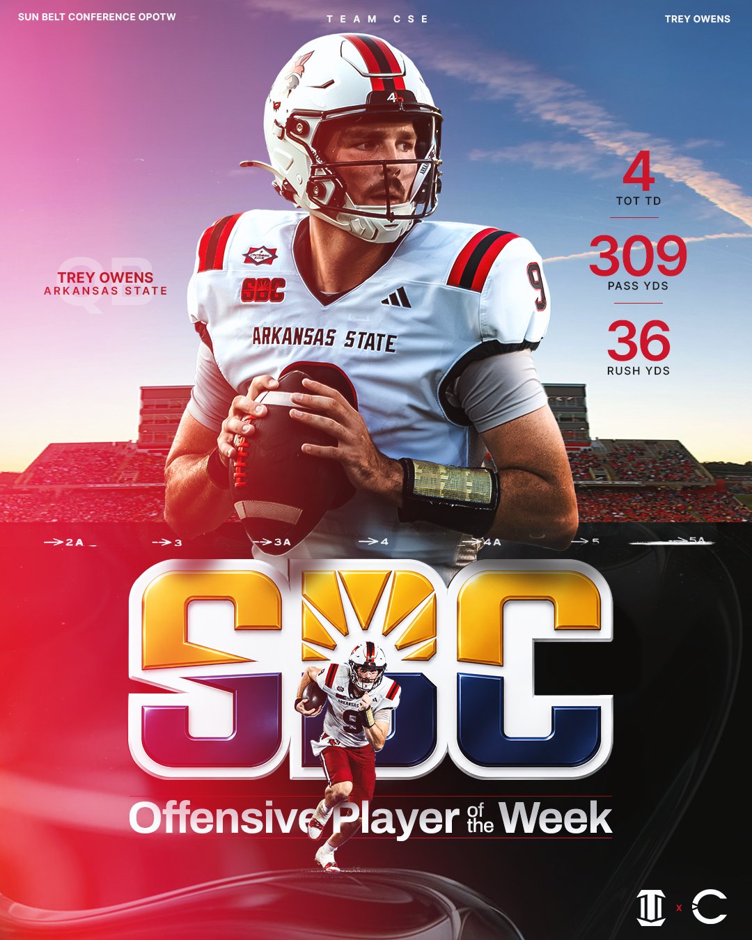 Congratulations to #TeamCSE&rsquo;s own @trey.owensqb on being named @sunbelt Offensive Player of the Week 👏

Trey threw for 309 yards and two touchdowns and added two more on the ground in @redwolvesfb 38-32 homecoming win over Georgia State, becom