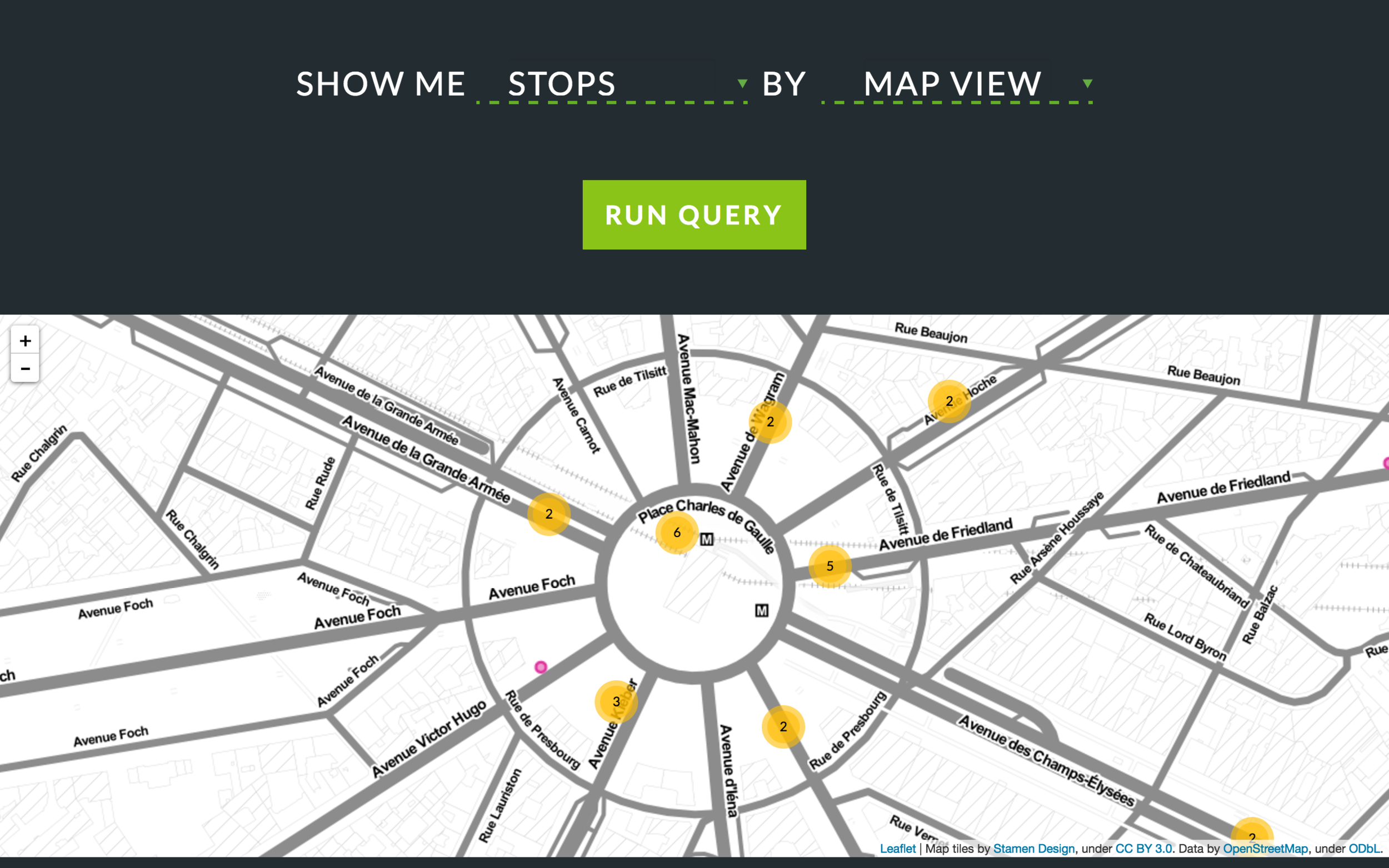 Querying for routes, stops and operators by map view