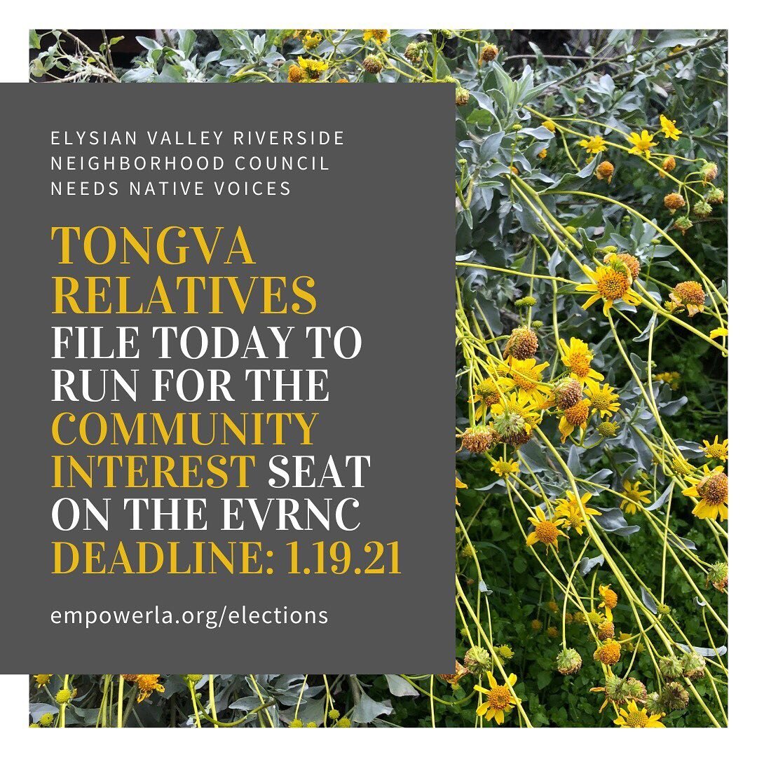 There is only ONE Community Interest seat on the Elysian Valley Riverside Neighborhood Council. We hope a Tongva relative will claim this seat and be a voice for in local government, and bring that depth of experience to our neighborhood here along t