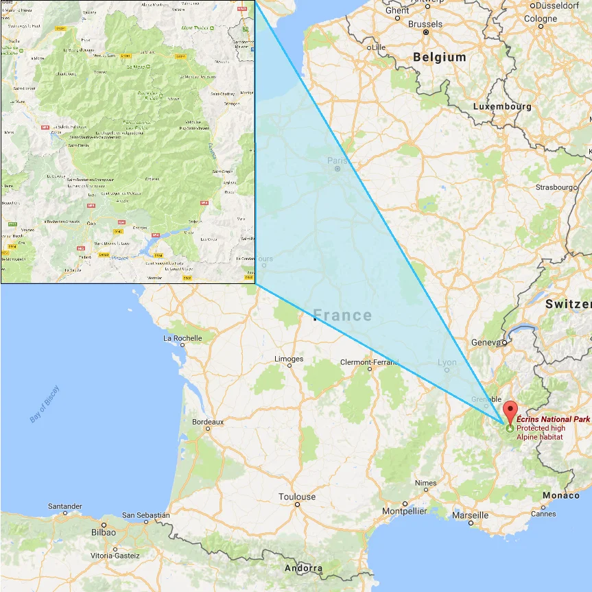 Écrins National Park (Parc National des Écrins) is in southeast France in the Alps ( Google Maps ).