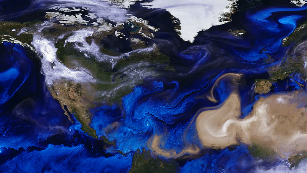 NASA visualization of sea salt, smoke, and dust traveling on air currents in 2017. Image taken from video by NASA’s Goddard Space Flight Center .