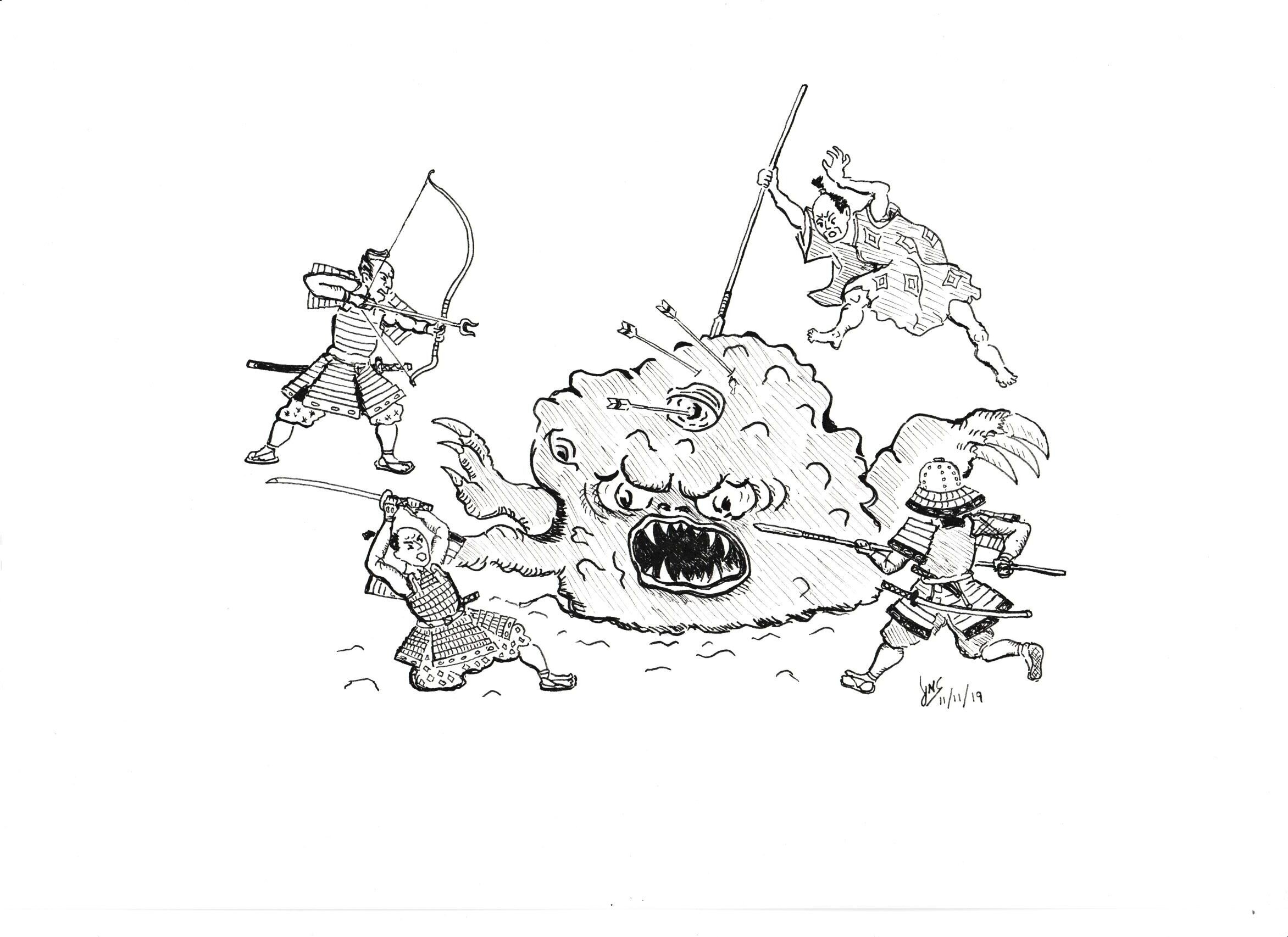 No.12 Kimo clan warriors battle the demon Tumour. (After Hokusai)