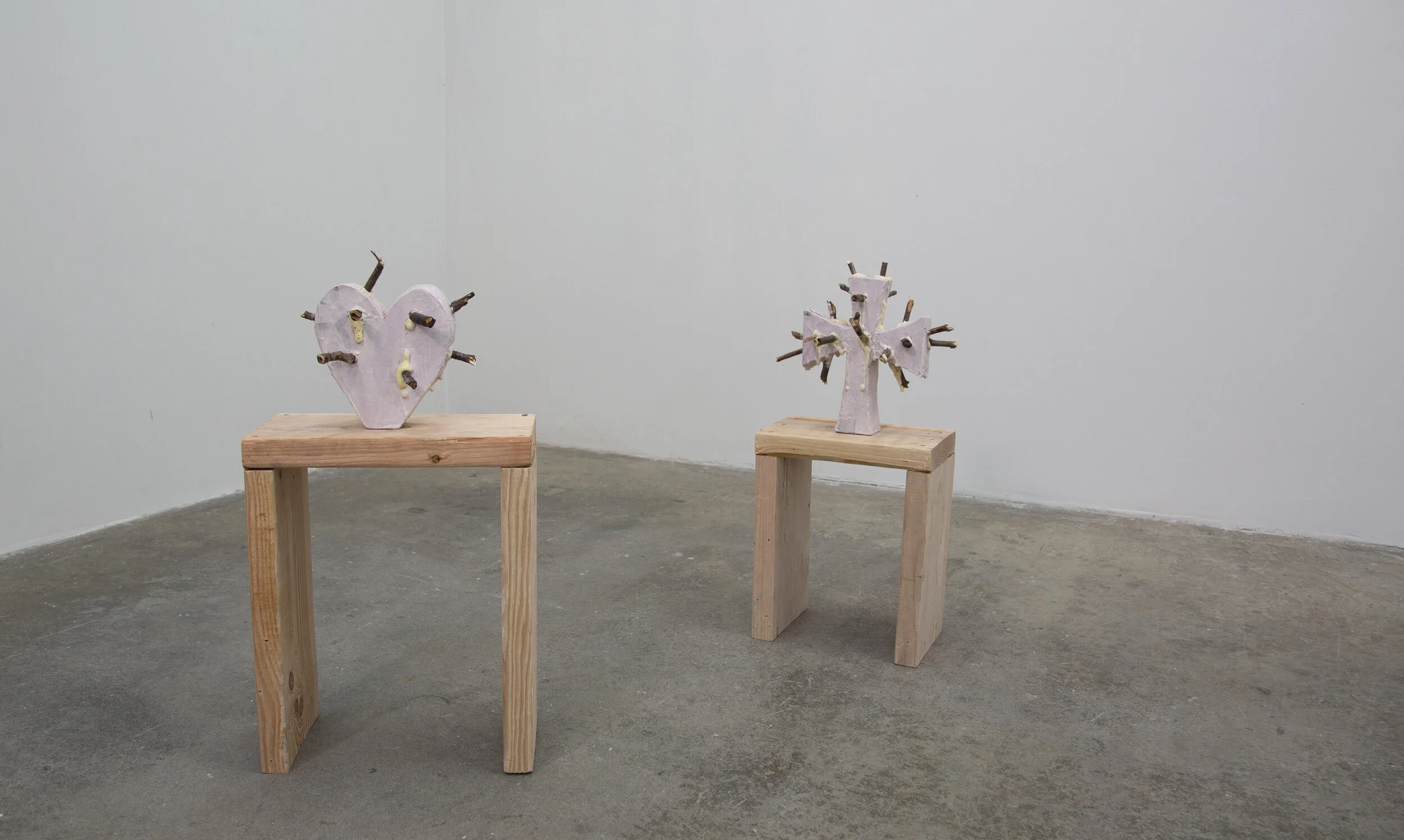 Heart and Cross Foam, Aqua Resin, found sticks and wood, 2019