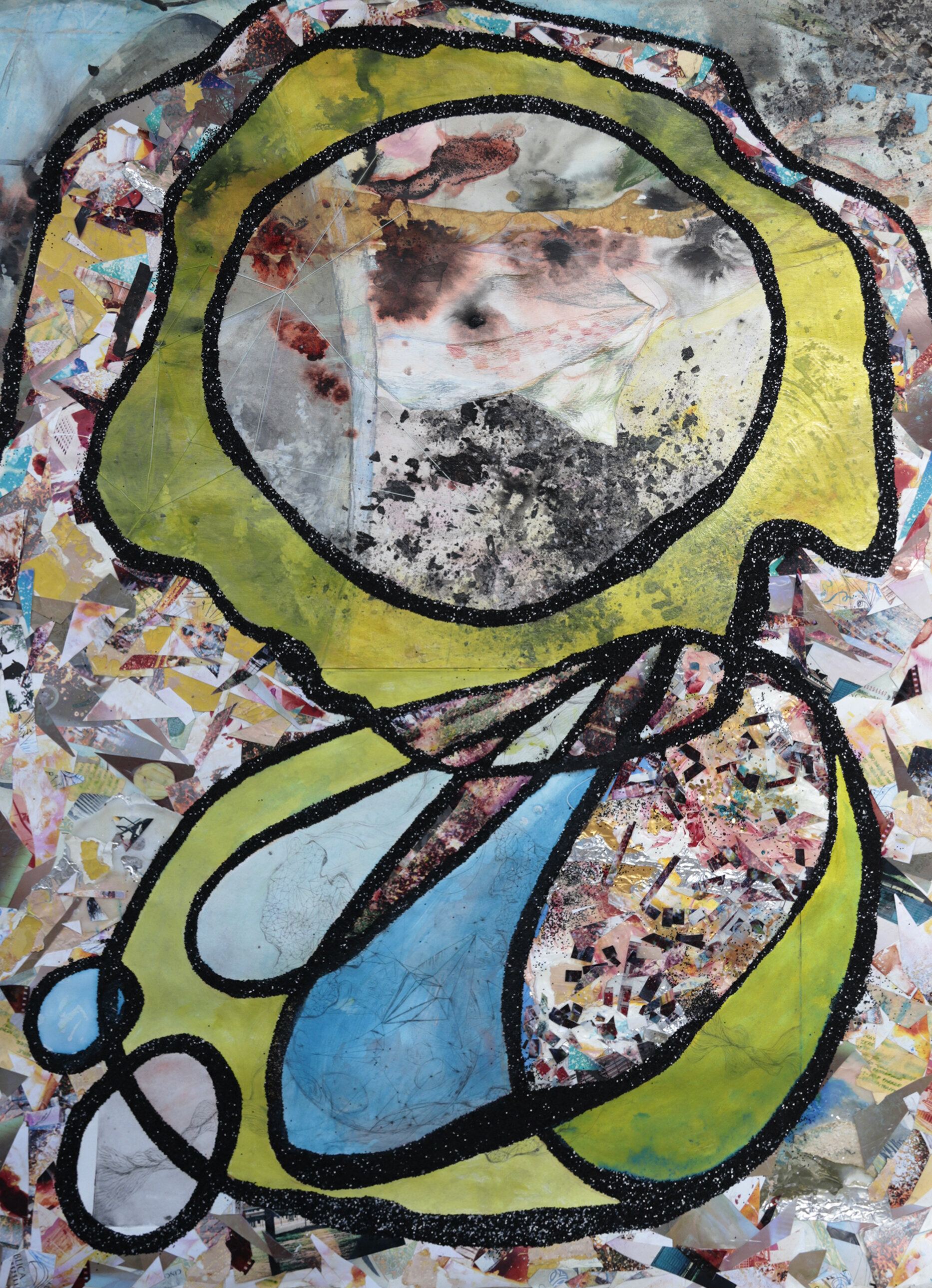   Standpoint in the Early Life   photographs, found material, thread, glitter on paper  42in x 30in  2020   