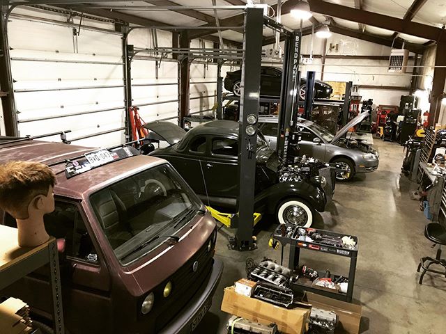 Variety Show at the shop this week! 1988 VW Vanagon &bull; 1936 Ford 5 window Coupe &bull; 2007 Audi A4 &bull; 2008 Aston Martin Vantage #kleemannusa #coloradospringsmechanic #westside #vwvanagon #ford5windowcoupe #audia4 #astonmartinvantage