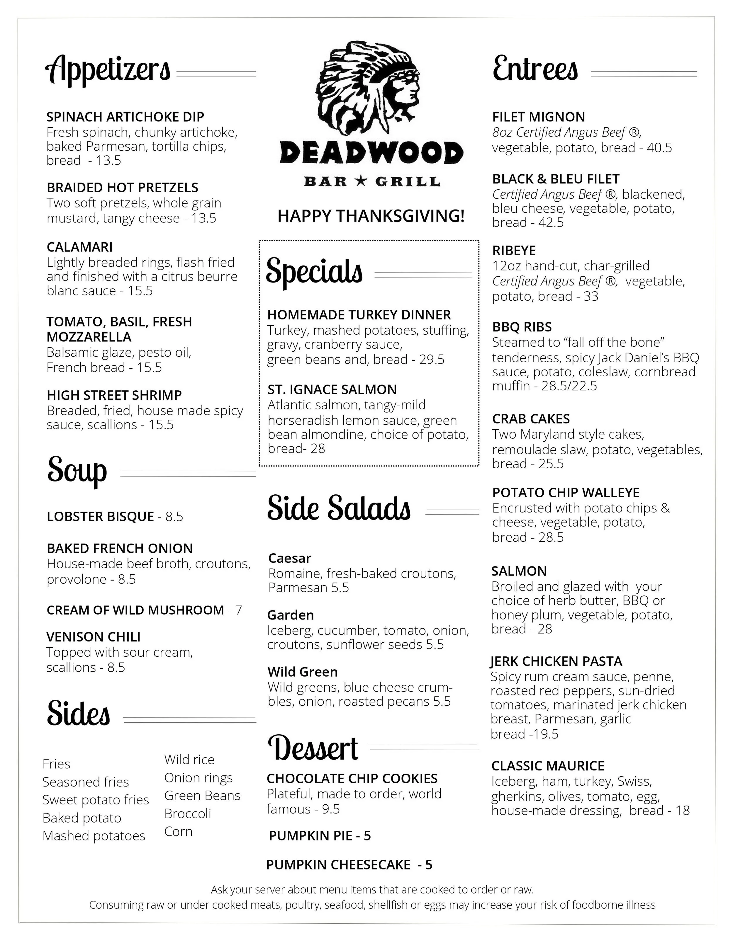 Reservations for Thanksgiving 2023 at Deadwood Bar & Grill — Deadwood