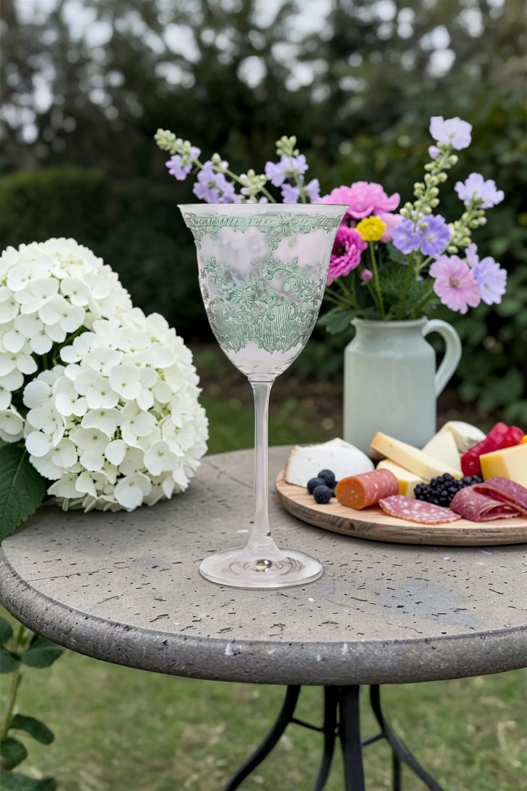 Green etched wine glass styled on French table with hydrangeas and charcuterie board