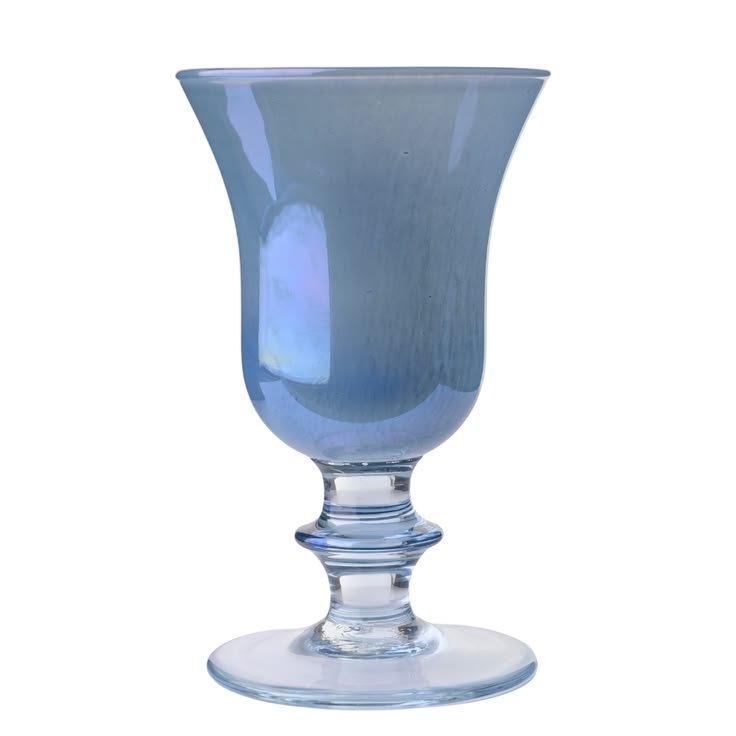 Blue Italian hand-blown wine glass in opalescent Adriatic blue with a clear knopped stem