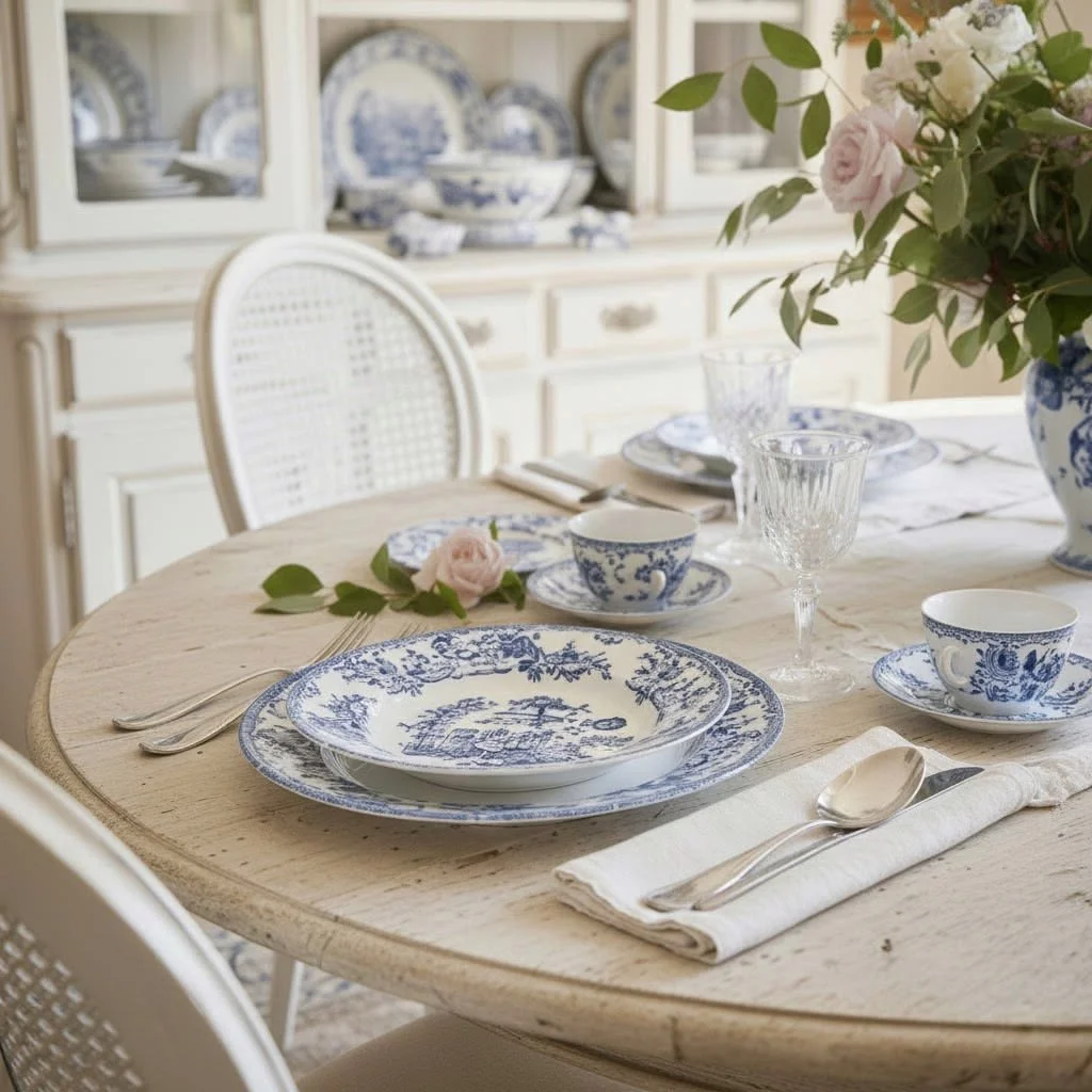Close up of a cream colored French kitchen table set with blue and white place settings and linens, with a matching hutch in the foreground holding blue and white Spode porcelain.