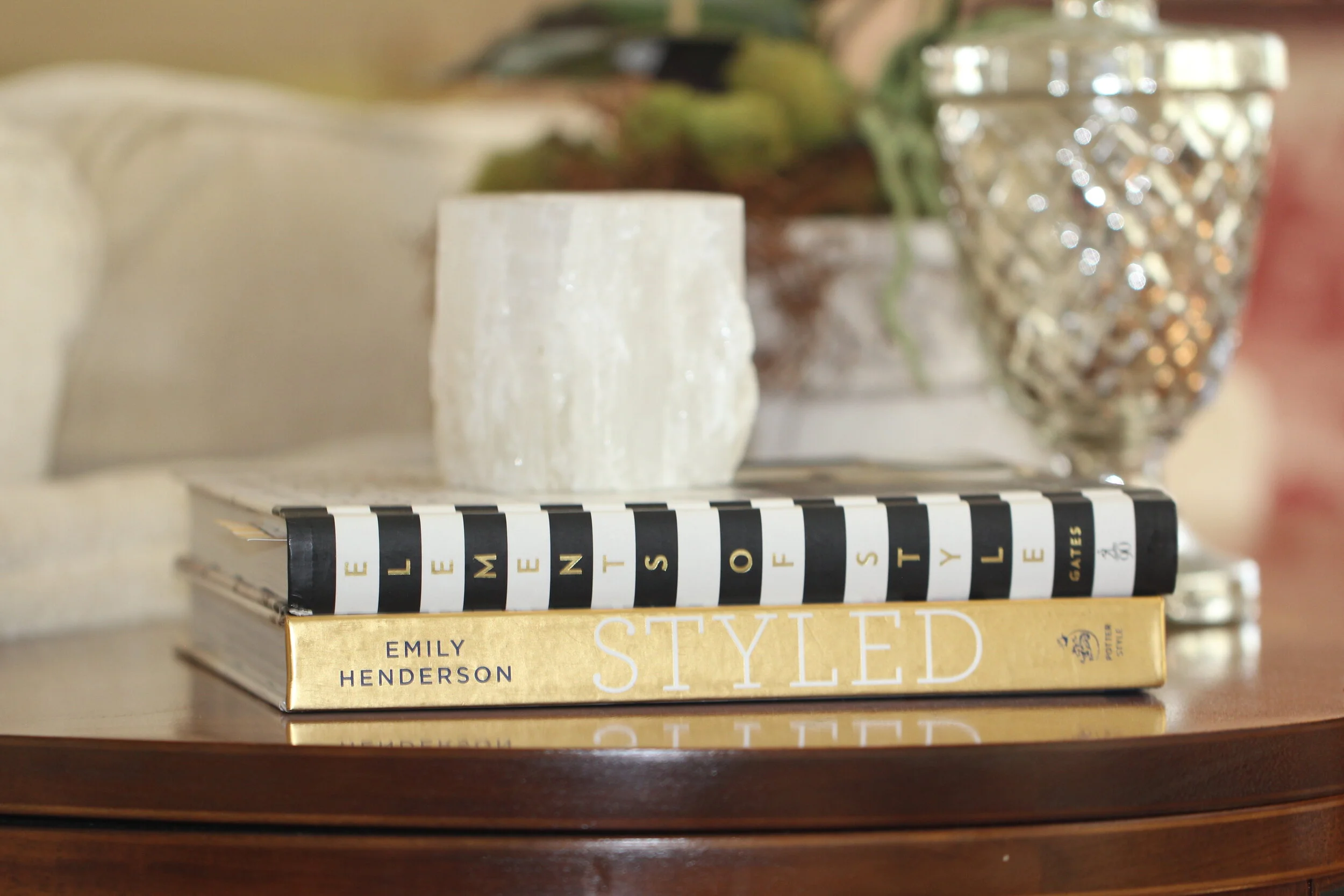 Here is the start of my creative process in developing a vignette. I brought in different mixed metals, votives, greenery together to see how they went together.