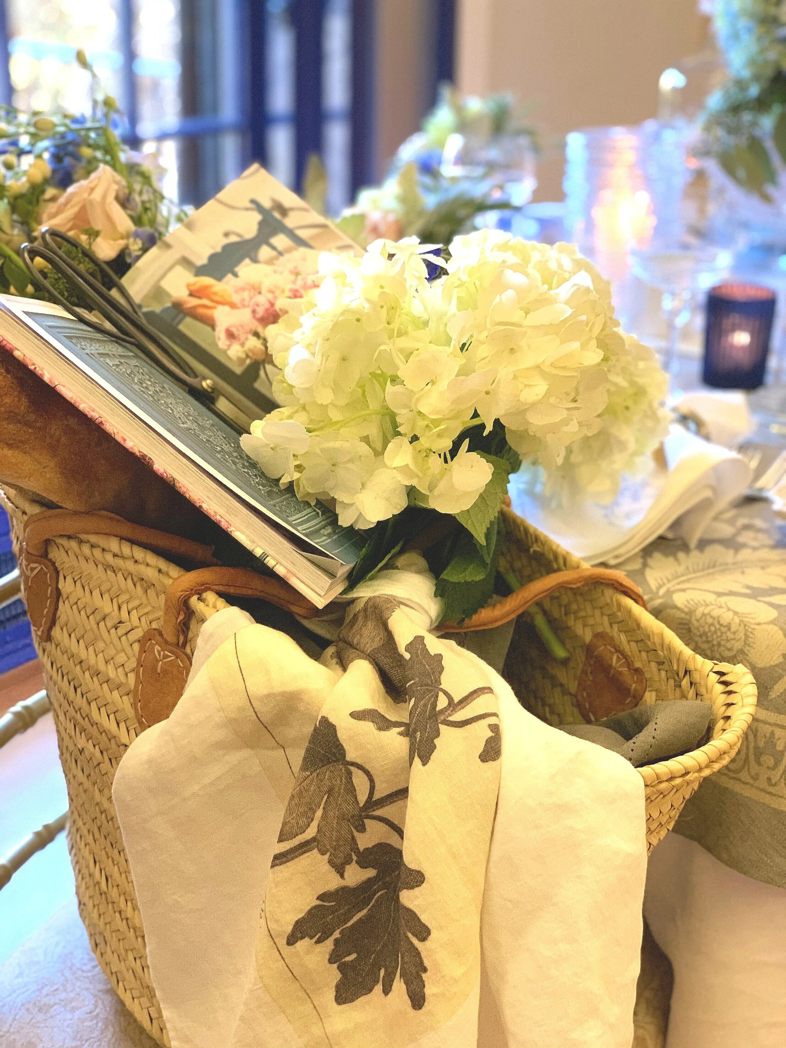 To add a few casual elements, I added a very lovely French tea towel.  I used it to close the market basket by threading it through the handles. This gorgeous tea towel is imported from France is just as beautiful and soft as it looks. To see more d…