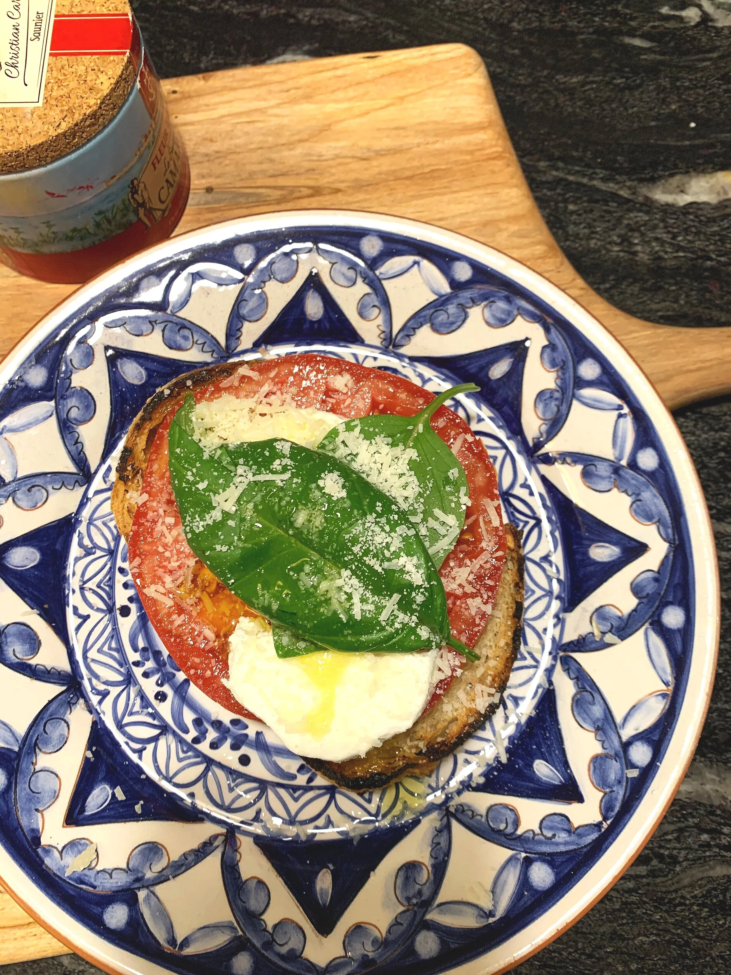 Char Grilled Caprese Crostini Topped Graded Parmigiano Reggiano