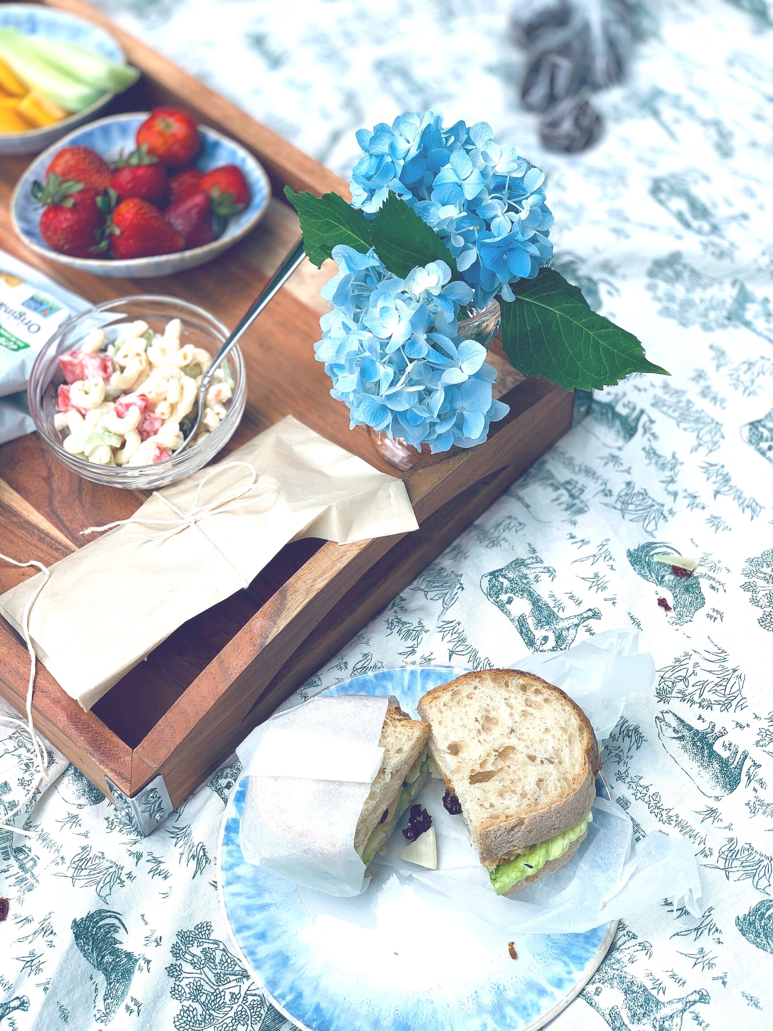 I made a simple macaroni salad, cut up some pickling cucumbers, strawberries, and peaches,