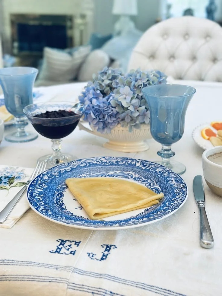 French Crêpe Recipe &amp; Vintage Blue and White Table for Two