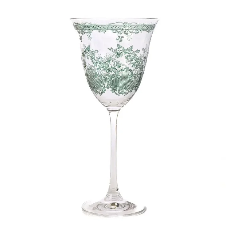 Green etched wine glass Giardino Italian glassware on white background