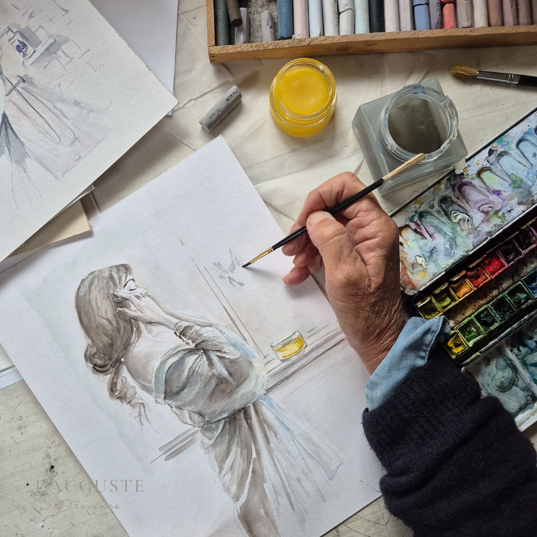 Hand painted artwork of a woman performing a skincare ritual showing the connection between art and formulation