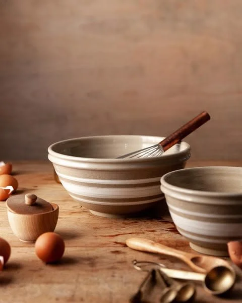 Hand-painted Farmhouse yellowware stoneware bowl with white bands, wheel-thrown in Vermont.