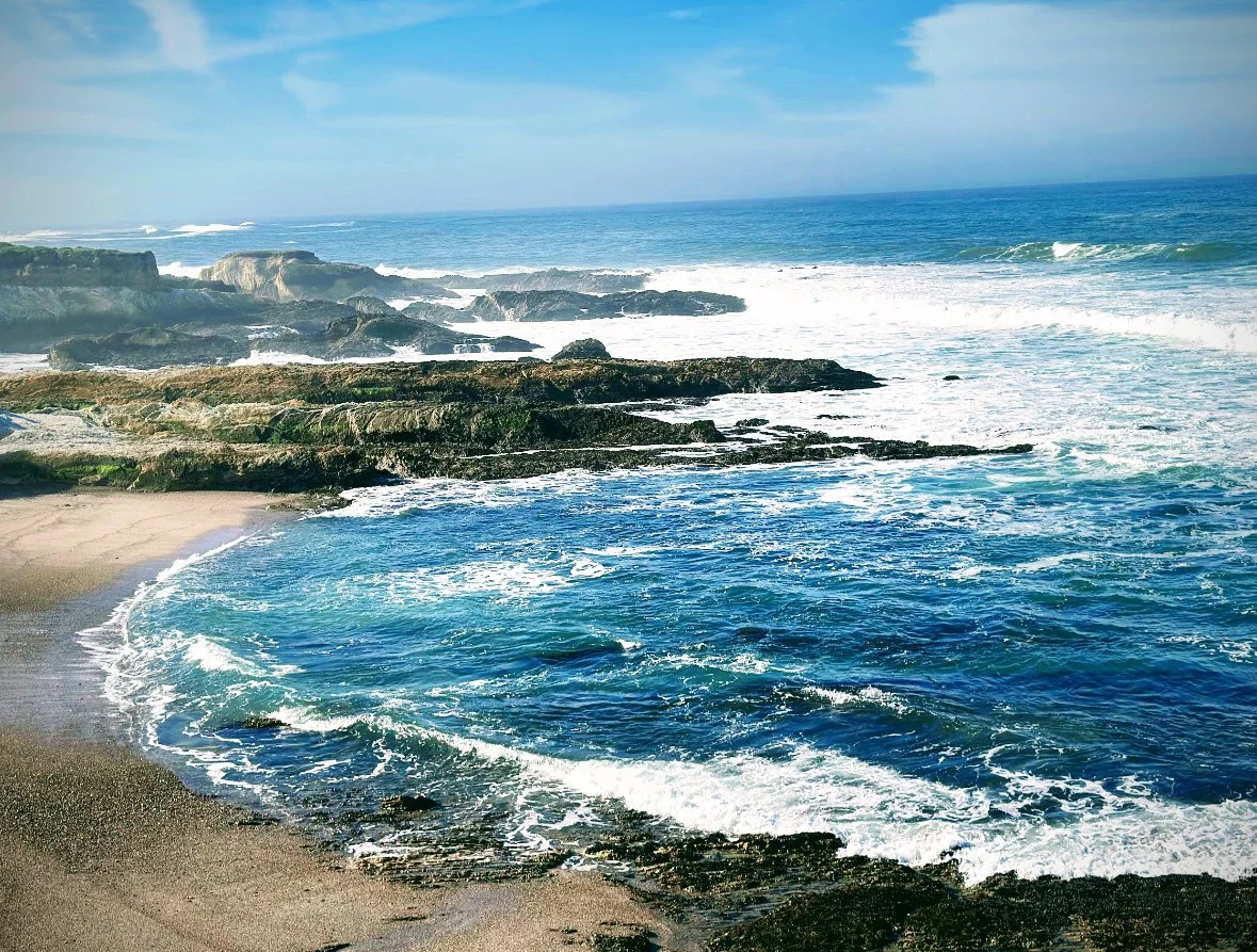 Pacific Ocean layers of blue, indigo, and slate tones that inspired the blue and white table setting.