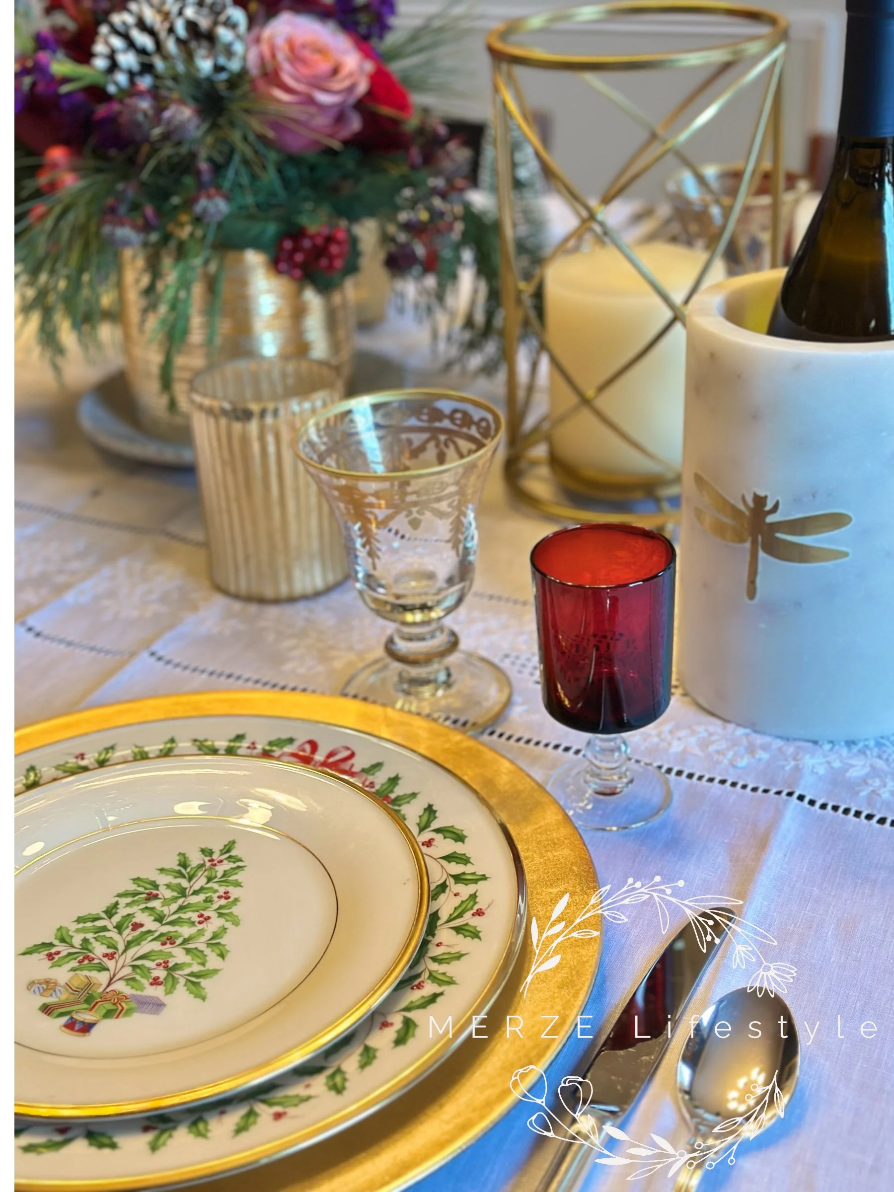 Holiday table edited for post Christmas gatherings with gold votive candles replacing seasonal accents.