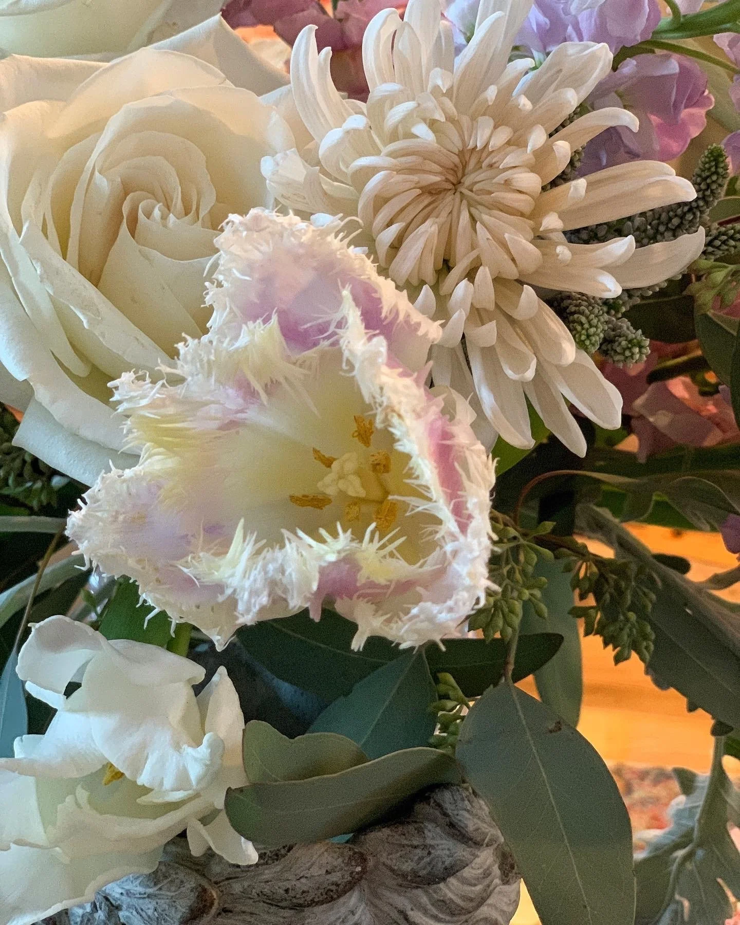 Close up of a soft cream parrot tulip with ruffled petals alongside cream spring blooms for a Mother's Day tablescape centerpiece