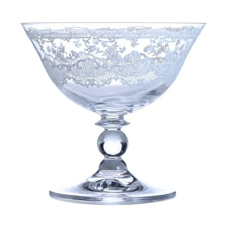 Clear etched glass compote dish with a footed stem and scrolling floral pattern