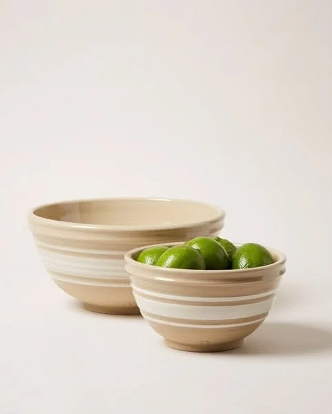 Hand-painted Farmhouse yellowware stoneware bowl with white bands, wheel-thrown in Vermont.