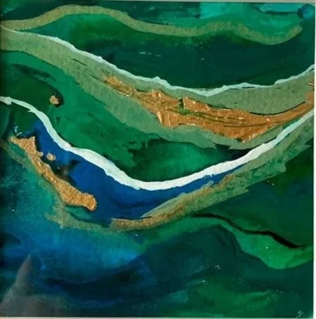 Abstract blue and gold painting inspired by Pacific coastline currents.