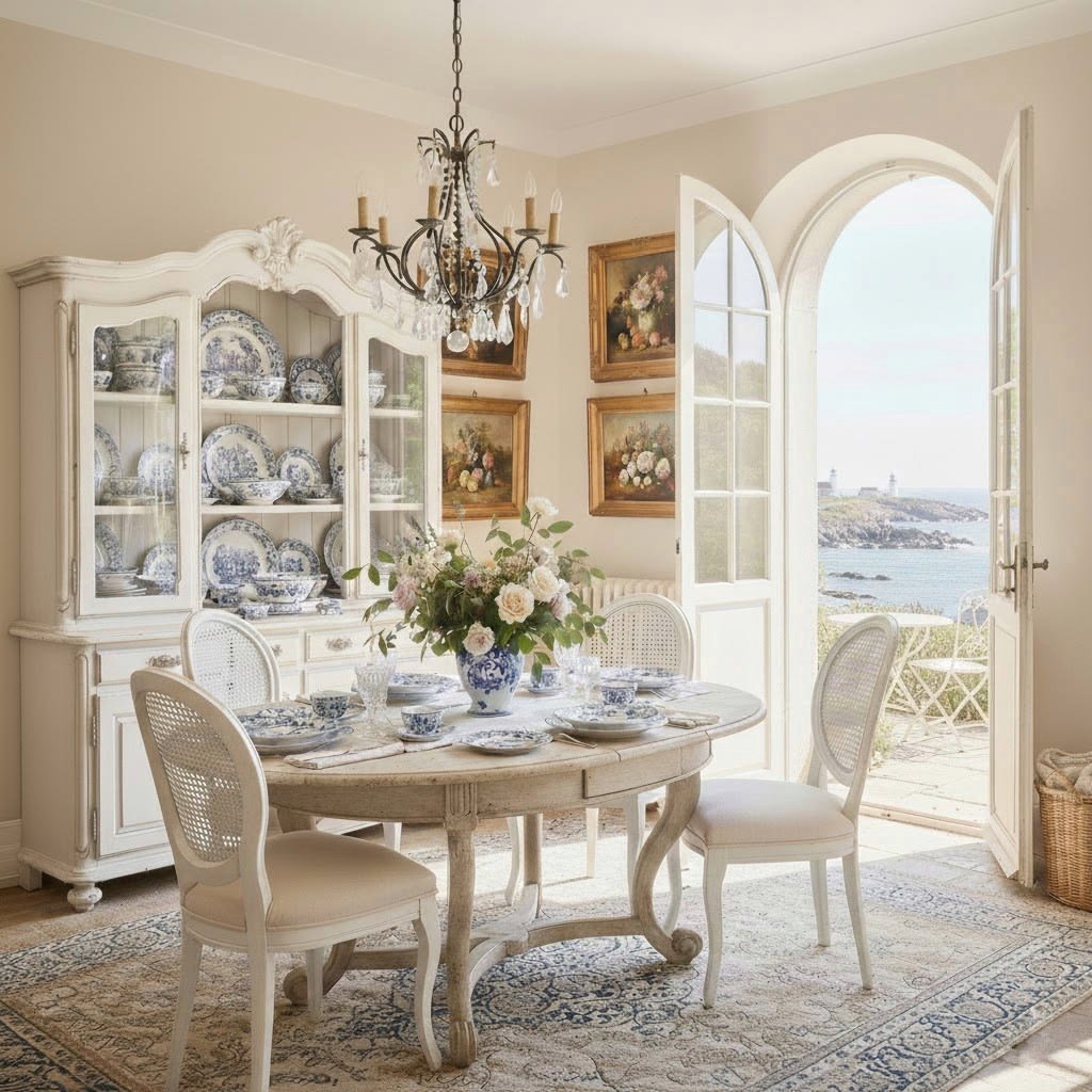 French inspired dining room with a cream hutch filled with blue and white Spode, a set table with matching china, a Persian rug, and a chandelier overlooking an ocean facing patio, layered with traditional and coastal design elements.