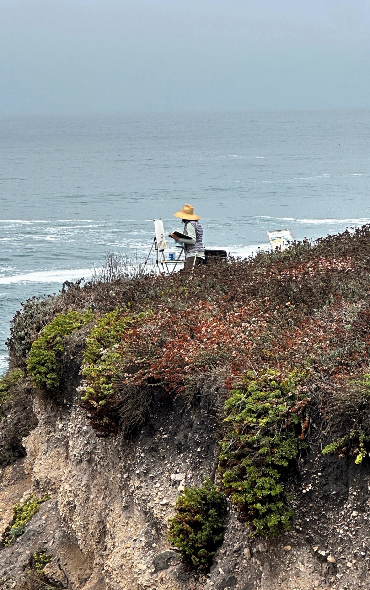 Artist painting Pacific Ocean from cliffside easel in California.