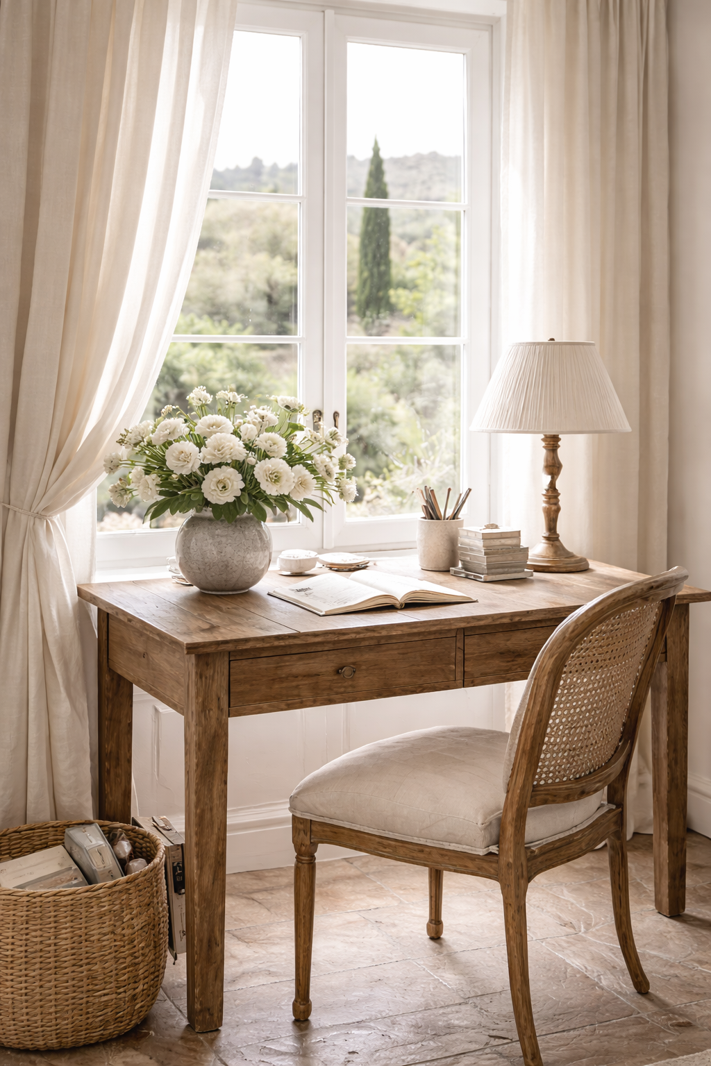 A simple writing desk by a window, bathed in natural light, offering a calm place for reflection, creativity, and returning to oneself.