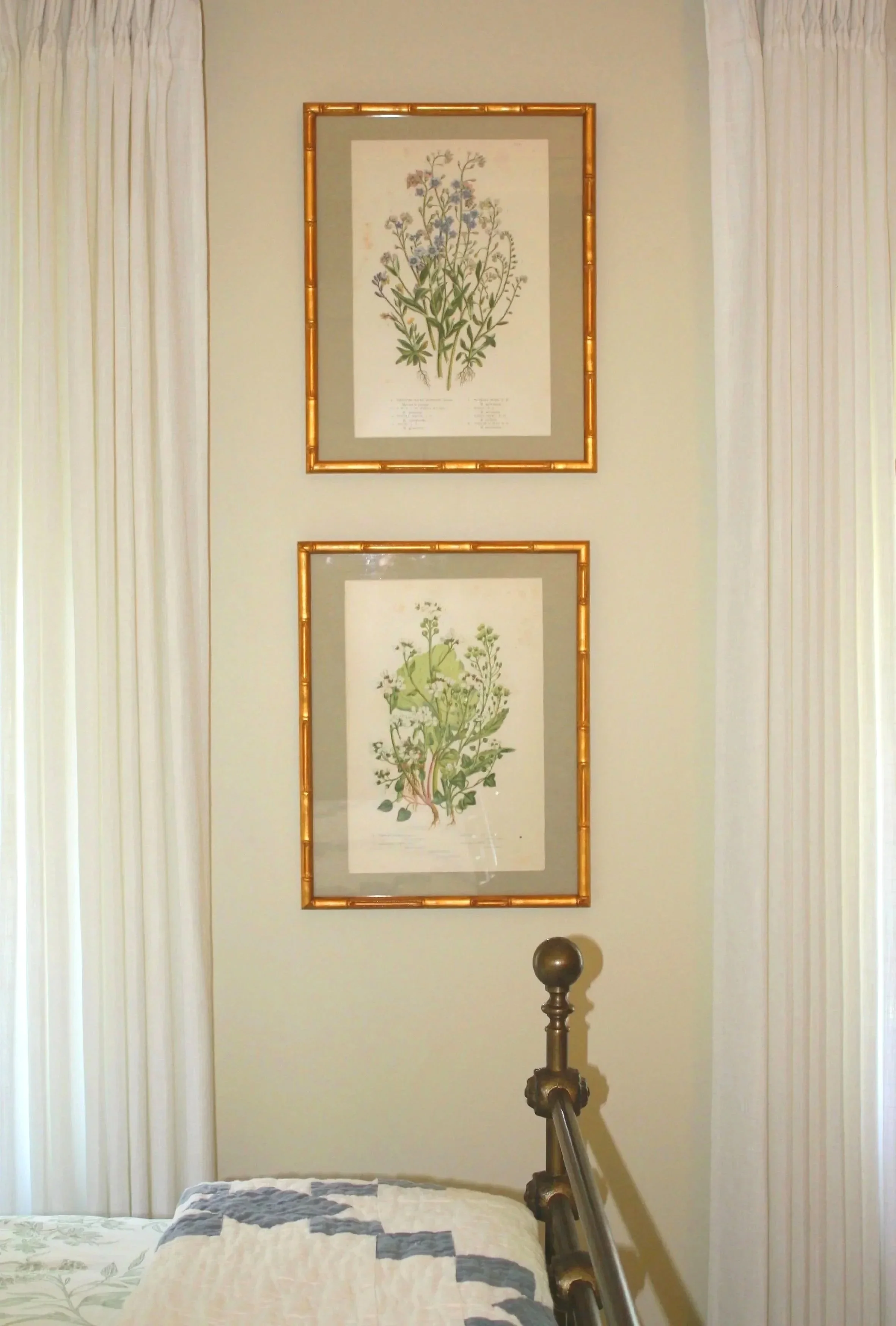 Two botanical prints in gold bamboo frames hung between two windows, framed by soft linen curtains on each side.