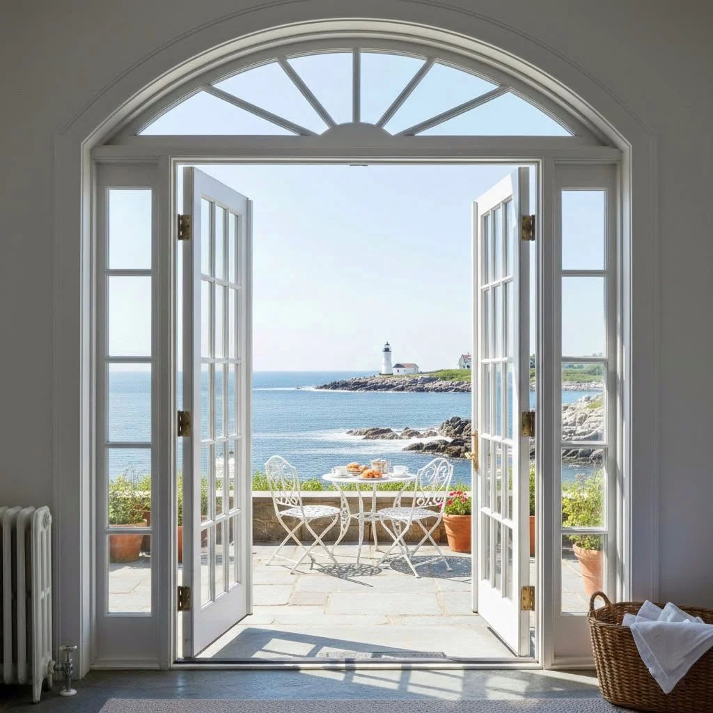 Arched French doors opening onto a terrace with a French table set overlooking the ocean, blending interior living with outdoor gathering in a coastal setting.
