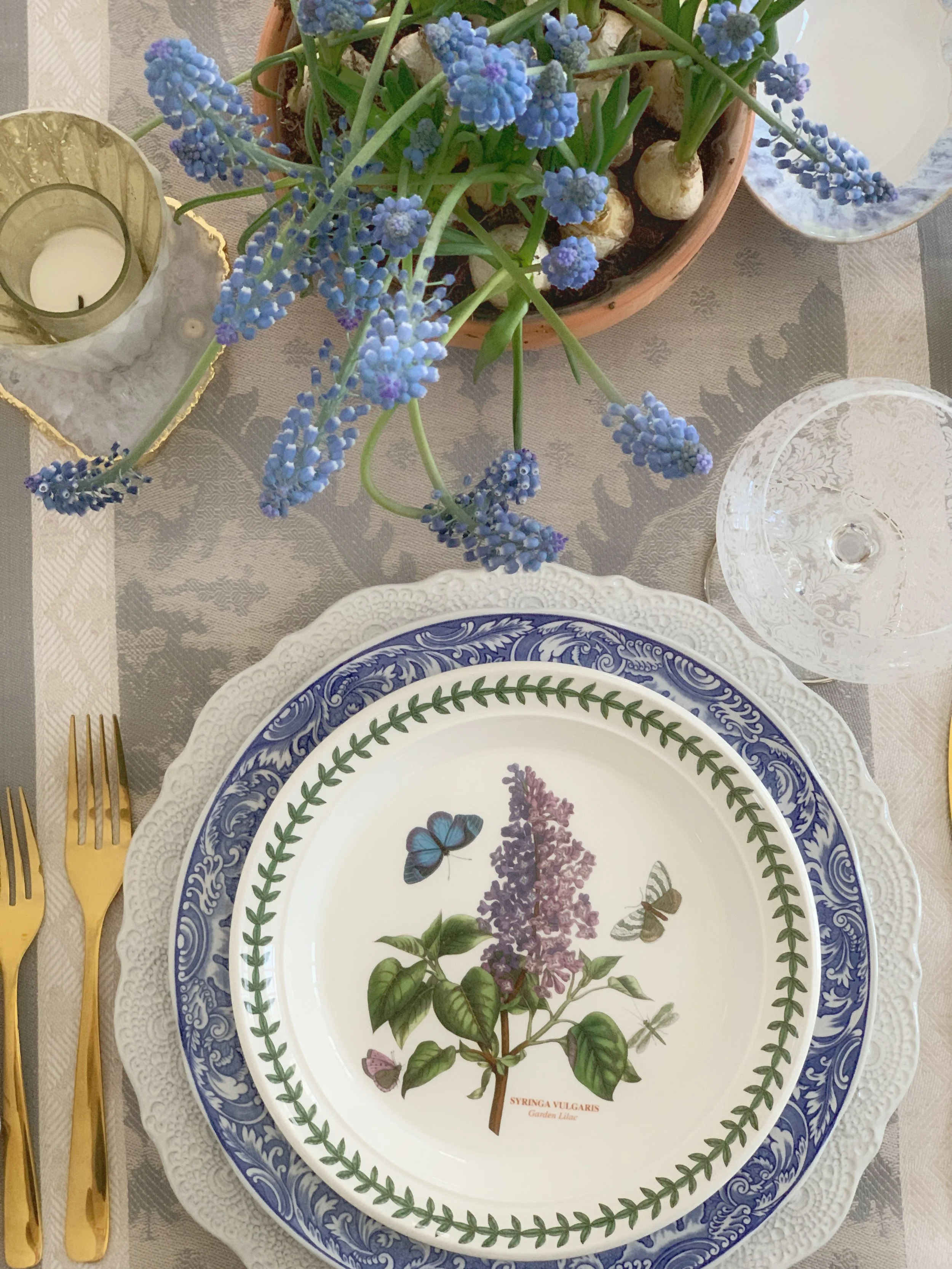 portmeirion botanical garden place setting with lilac butterfly and dragonfly plate and grape hyacinth centerpiece